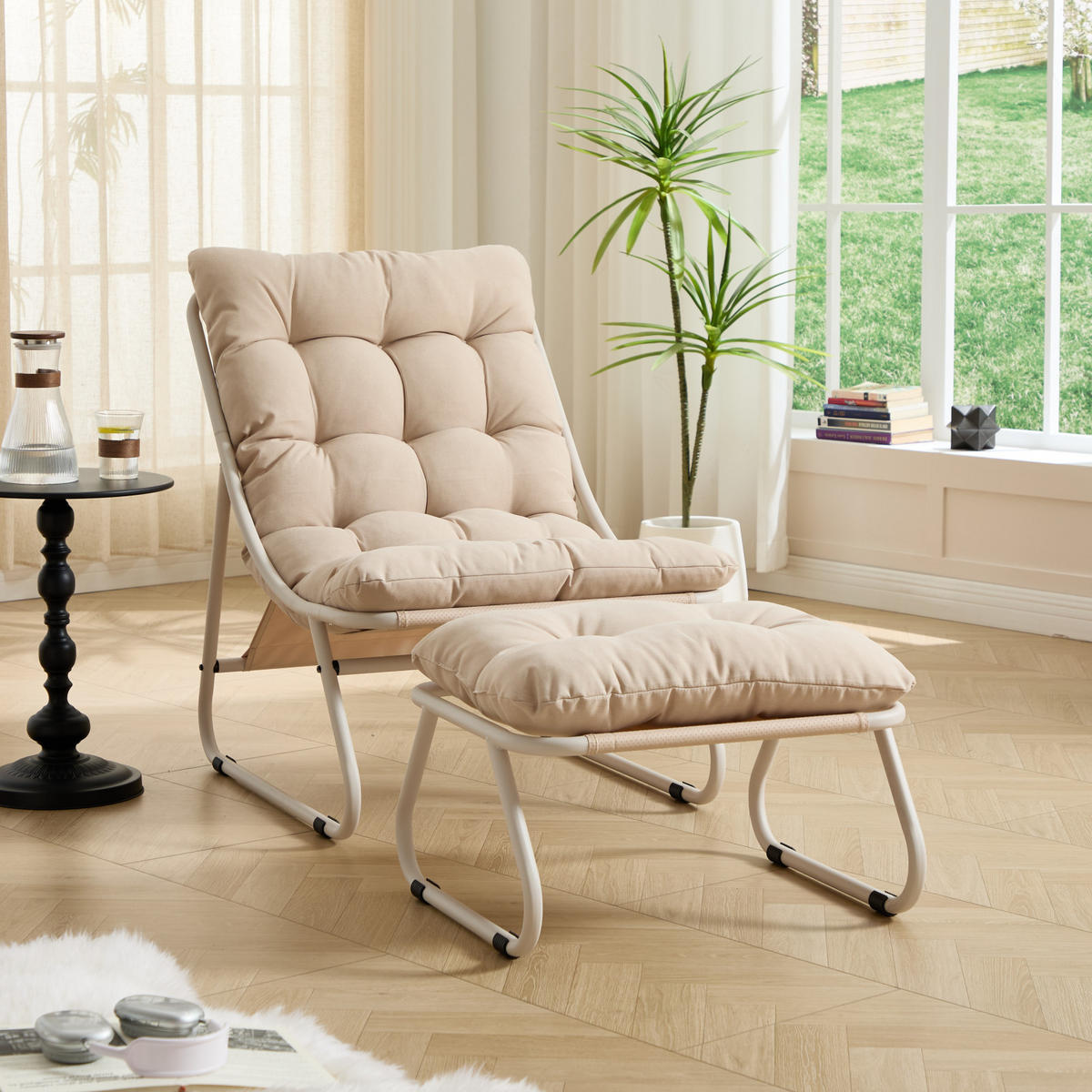 SCHAUKELSTUHL mit Dickem Kissen und Hocker Metallrahmen für Garten Balkon Wohnzimmer - Beige, Metall (65/86/78cm) - PARAFTA HOME