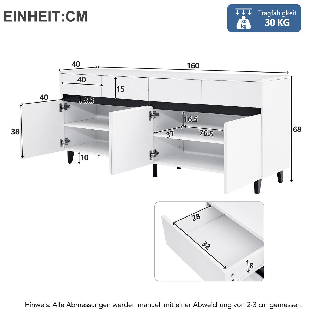 SIDEBOARD mit Hochglanz-Fronten, 4 Schubladen und 2 Türen, 160/40/68 cm, Weiß - Weiß, Holzwerkstoff (160/68/40cm) - Redom