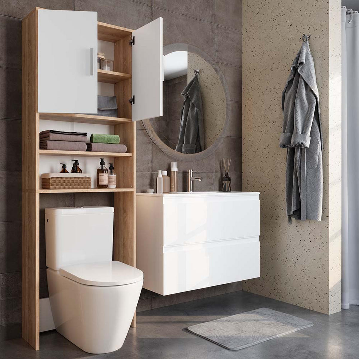 TOILETTENSCHRANK Sonoma/Weiß 64 x 190 cm mit 2 Türen - Weiß/Sonoma Eiche, Holzwerkstoff (64/190/26cm) - Vicco