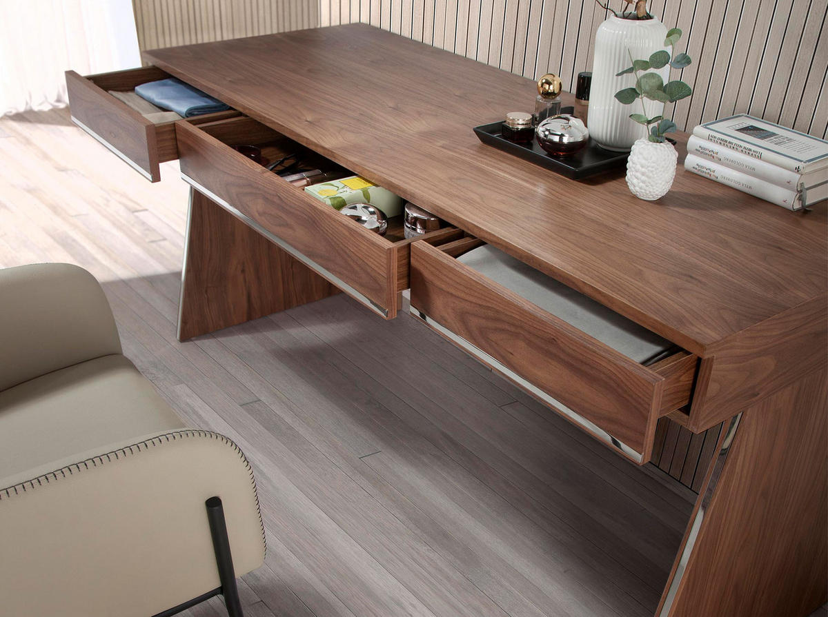 SCHREIBTISCH Walnuss Stahl 160/61/76 cm - Edelstahlfarben/Walnussfarben, Holz (61/160/76cm) - ANGEL CERDA