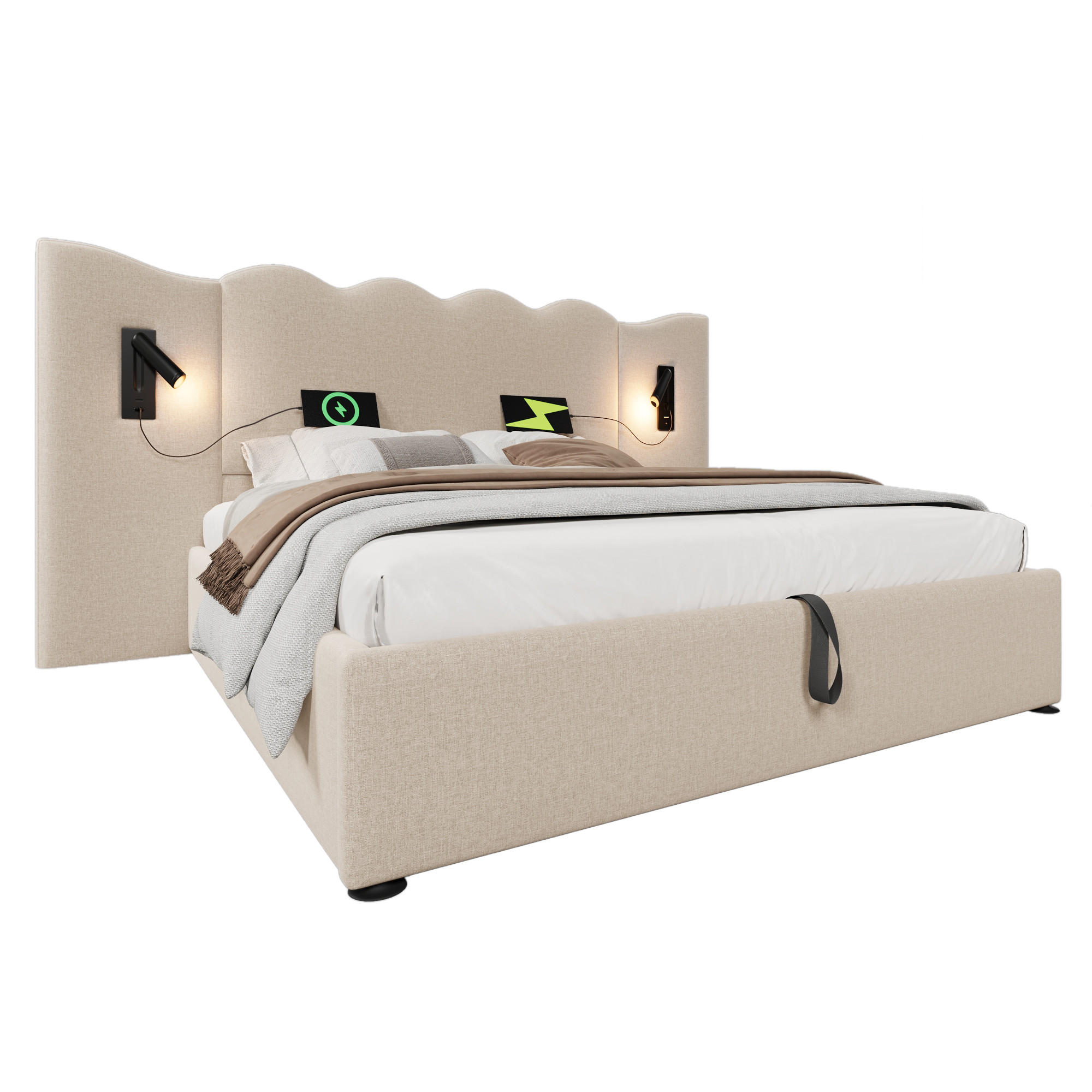WISHDOR ČALOUNĚNÁ POSTEL 160 × 200 cm v béžovém lnu s úložným prostorem, lampičkou na čtení a USB/USB-C