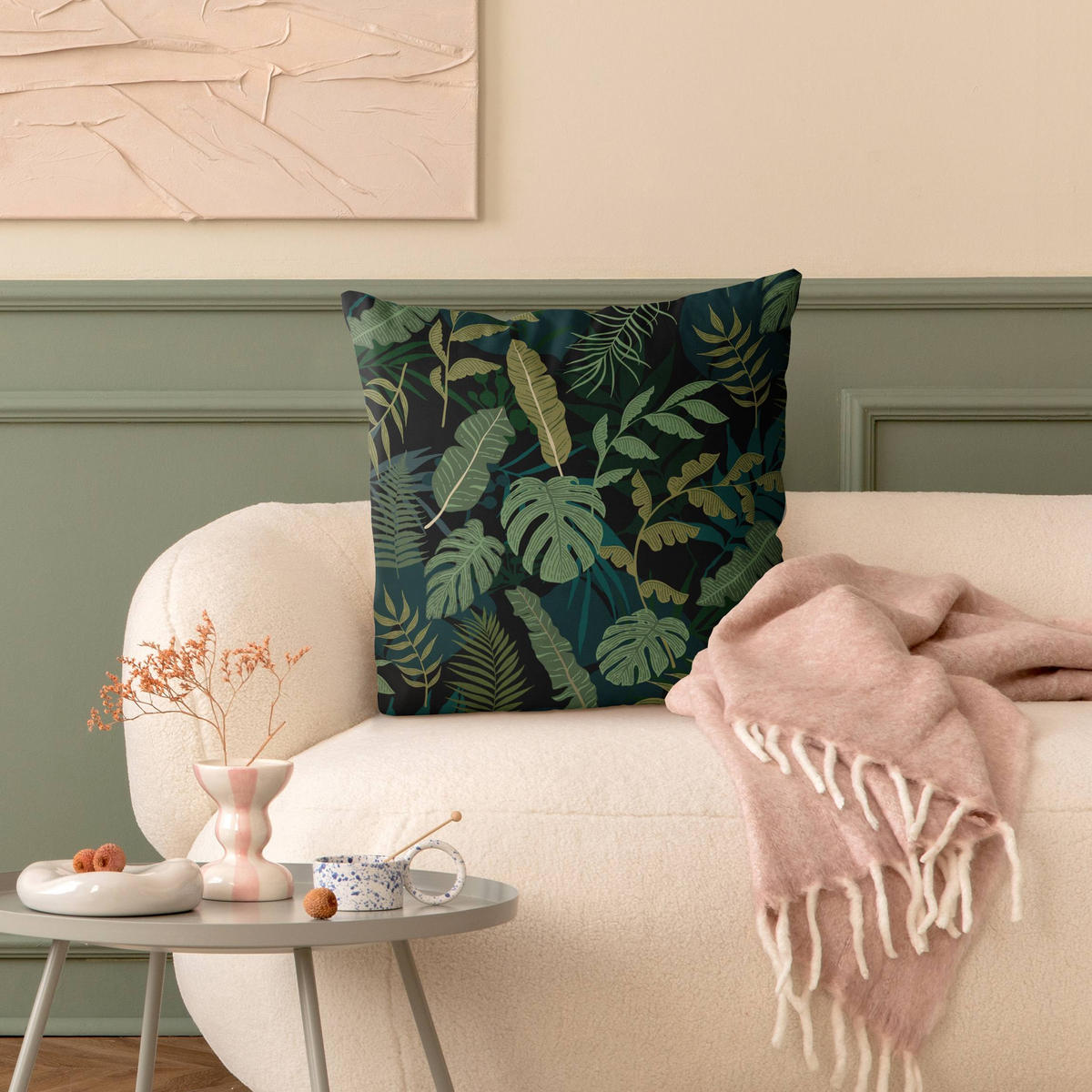 DEKOKISSEN Dschungel Blätter auf Schwarz 50/50 cm - Grün, Textil (50/50/10cm) - Bilderwelten