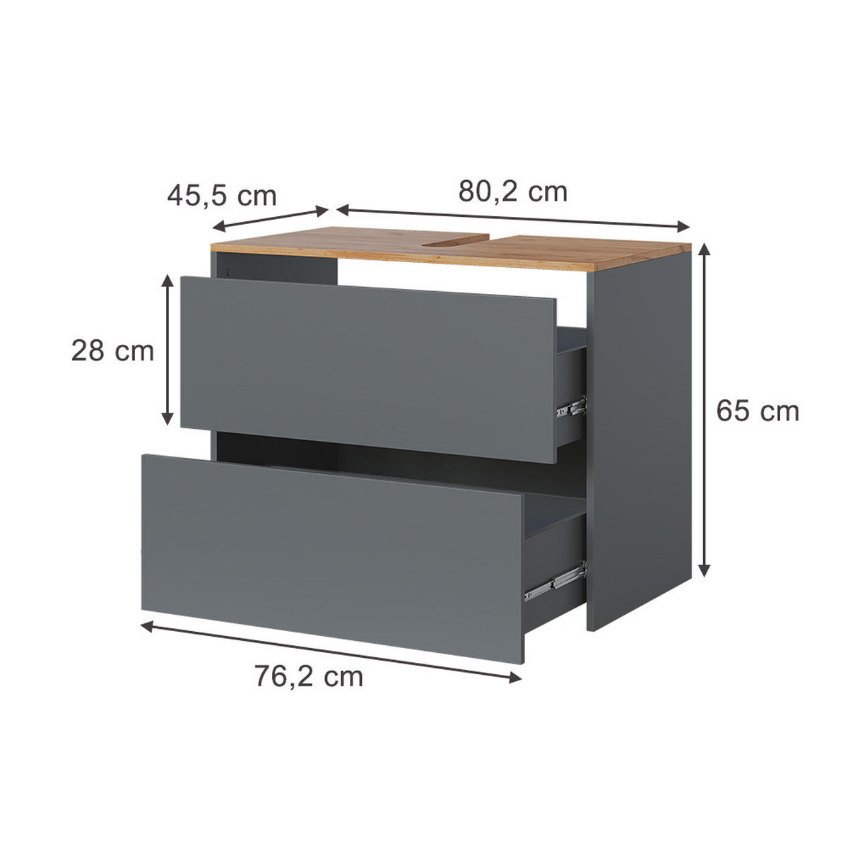 WASCHBECKENUNTERSCHRANK Viktor Anthrazit/Goldkraft Eiche 80.2 x 65 cm mit 2 Schubladen - Honigeiche/Anthrazit, Holzwerkstoff (80.2/65/45.5cm) - Vicco