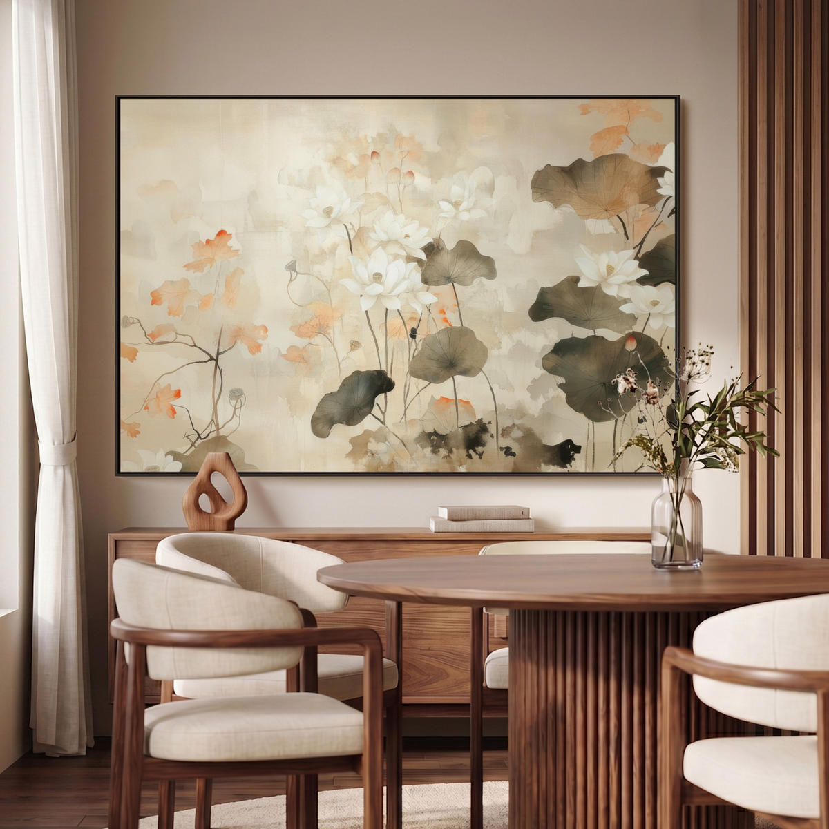 LEINWAND Bilder mit Rahmen - Blumen - Japandi - Wabi sabi - 140x90 - Sandfarben, Textil (140/90cm) - MuchoWow
