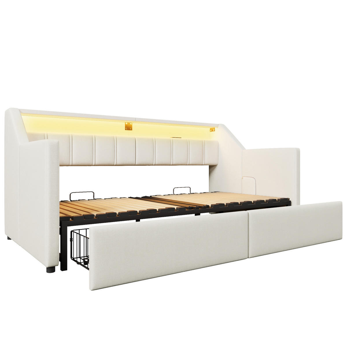 DENNÍ postel 90/200 cm béžová z lnu s USB, USB-C, LED a výsuvným lůžkem - béžová, textil (90/200cm) - OKWISH