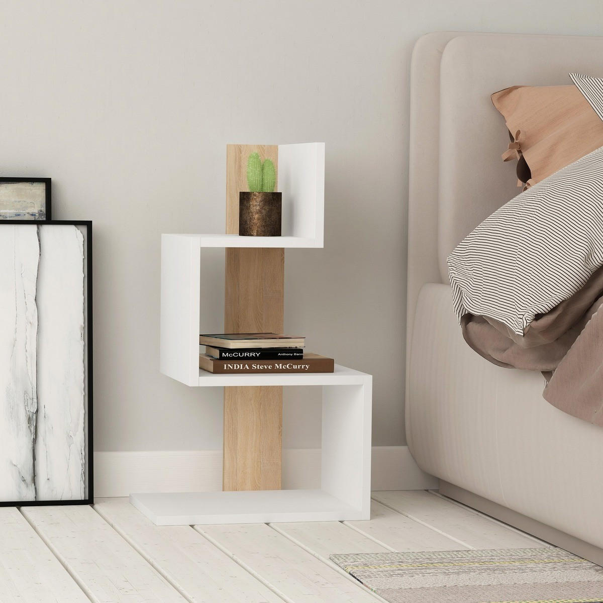 NACHTTISCH Weiß und Holzdekor Eiche L42 cm – ROSIE - Weiß, Holzwerkstoff (30/72/39cm) - Calicosy