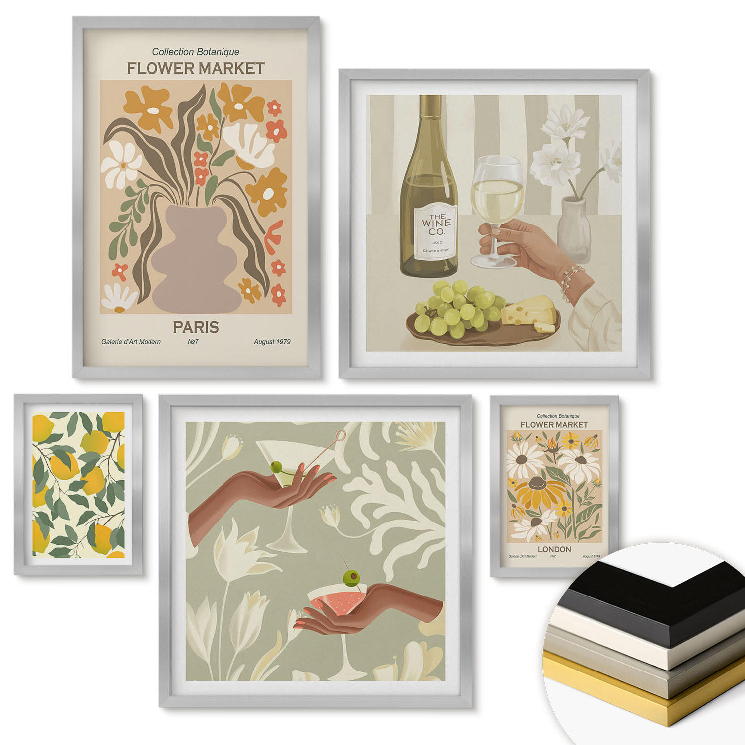 WANDBILDER 5er Set - 50x50 cm & 20x30 cm & 40x60 cm Silberner Rahmen - Blumenposter Paris Mailand - Silberfarben, Kunststoff (40/60cm) - ArtPrintCave