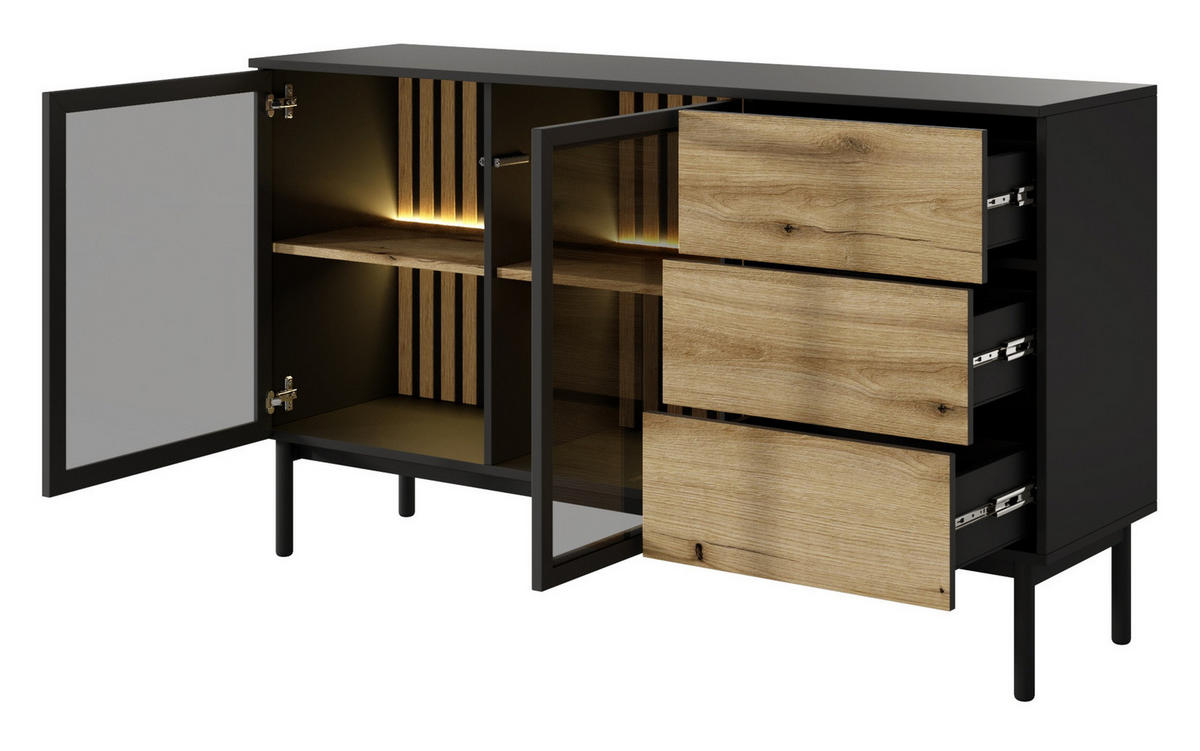 KOMMODE 150 cm mit LED Jotare, 2 Türen, Schubladen, Schwarz, Eiche Evoke - Schwarz, Holz (150/85/39cm) - Emporius
