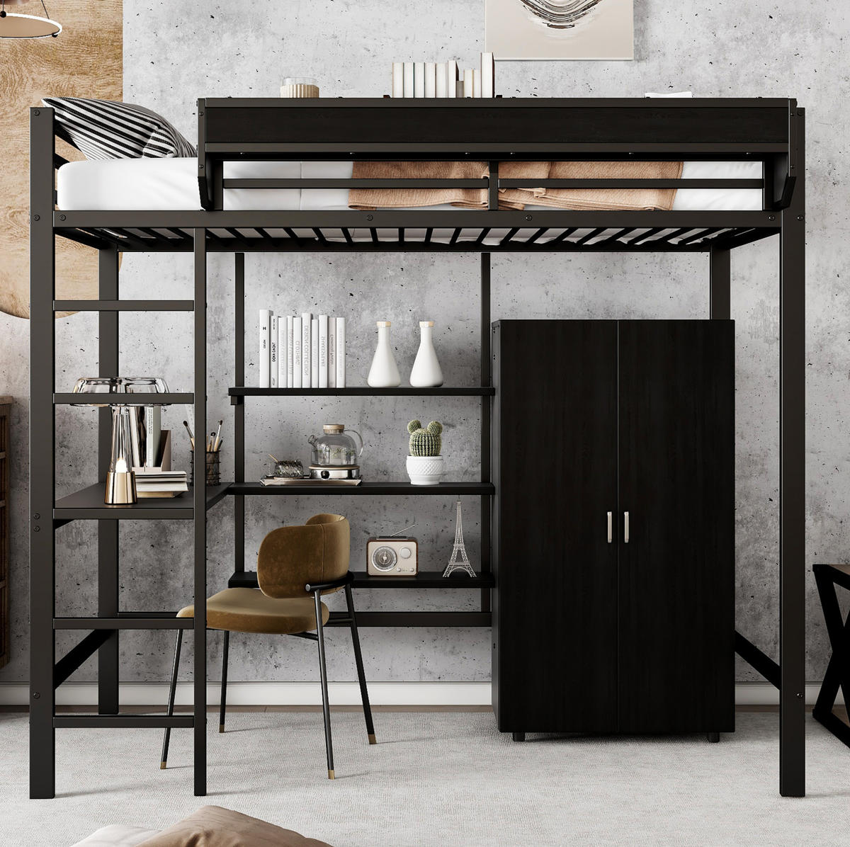 ETAGENBETT aus Metall und Spanplatte 90x200 cm Schwarz mit Schreibtisch und Kleiderschrank - Weiß, Metall (90/200cm) - IVMEU