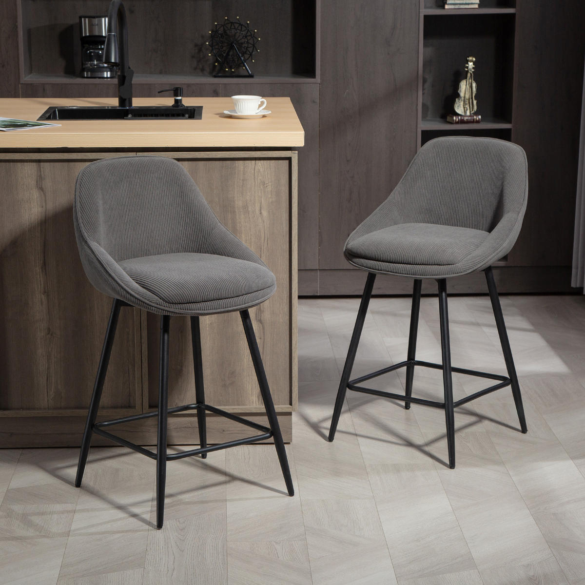 BARHOCKER 2er Set mit Fußstütze Rückenlehne Kord-Optik Grau - Schwarz/Grau, Textil (49/88/52cm) - HOMCOM