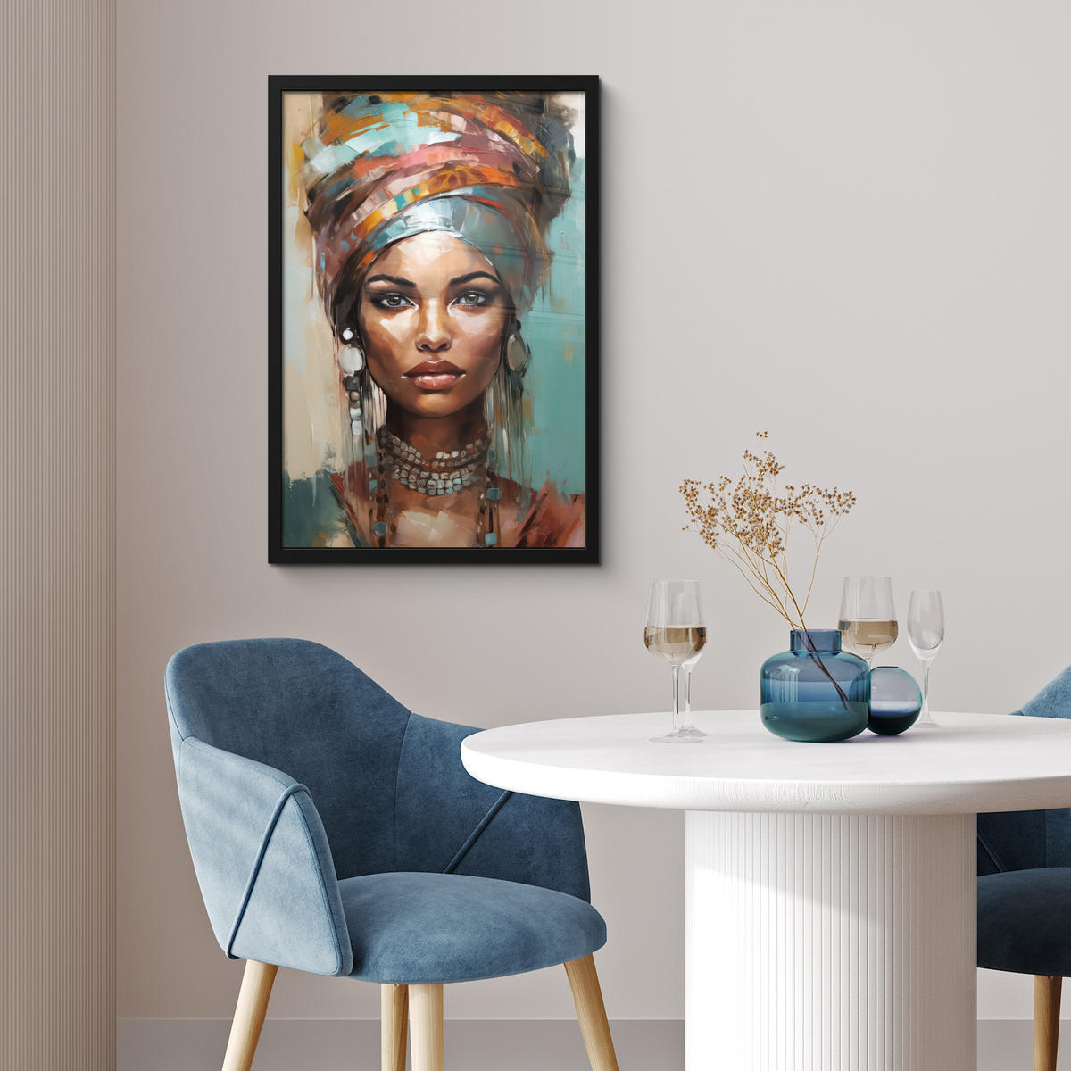GERAHMTES BILD Frau - Kunst - Schmuck - Porträt 40x60 cm - Blaugrau, Papier (40/60cm) - MuchoWow