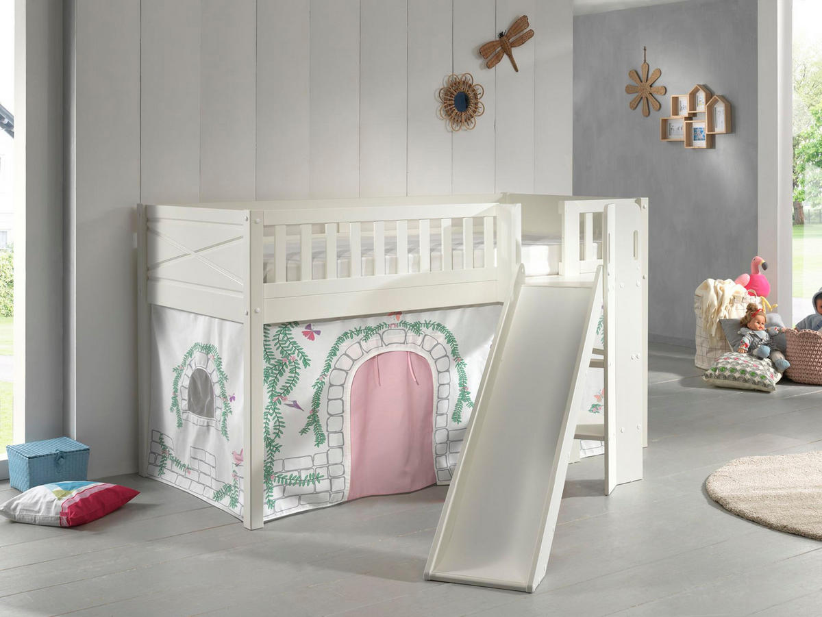 HOCHBETT mit Rutsche Karyl Massivholz Weiß Textilset Birdy 1 - Hellgrau/Weiß, Holz (90/200cm) - 58aufmkessel