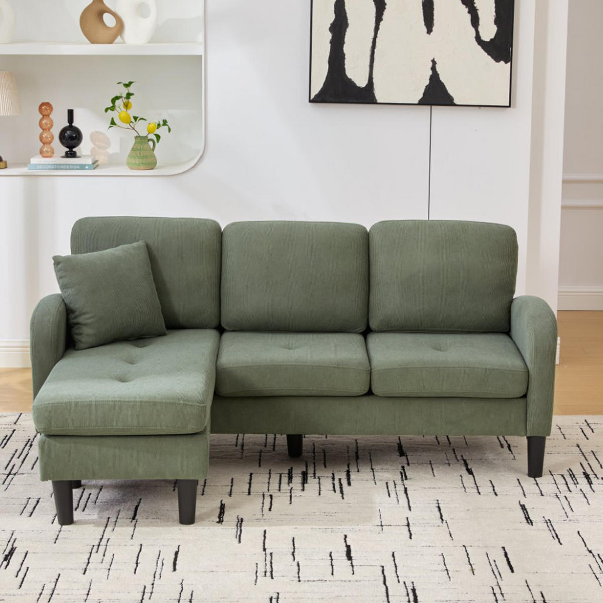 ECKSOFA 3-Sitzer Cord Grün - Grün, Holzwerkstoff/Kunststoff (166/118cm) - WISHDOR