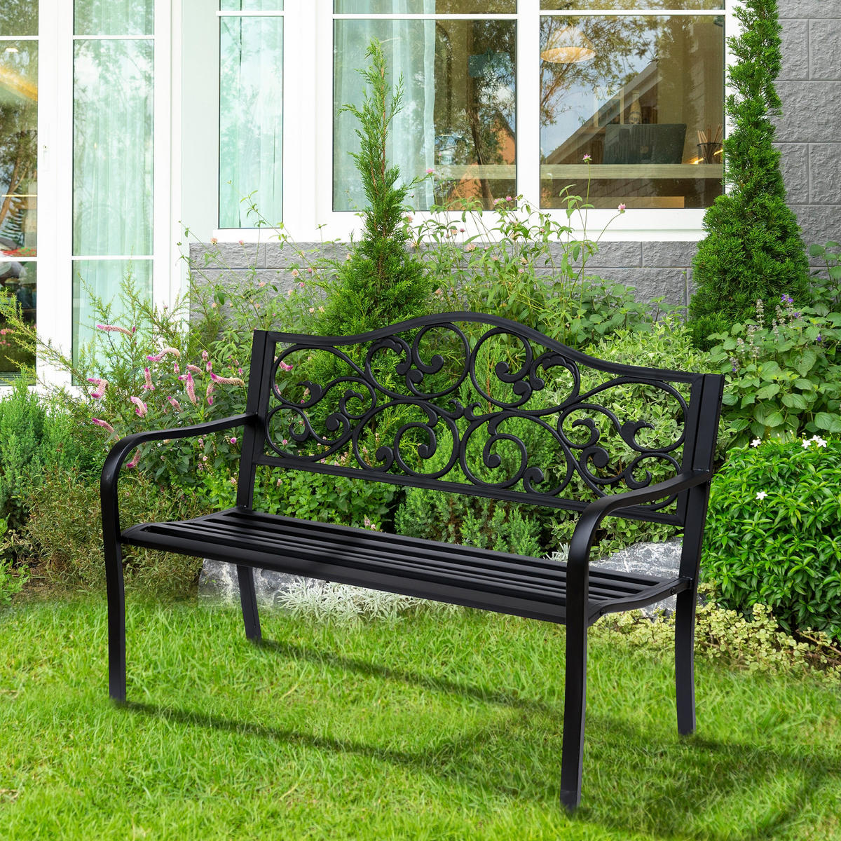 GARTENBANK, 3-Sitzer, Sitzbank, Stahlbank, mit Armlehnen, Stahl, Metall, Schwarz - Schwarz, Metall (60/89/127cm) - Outsunny