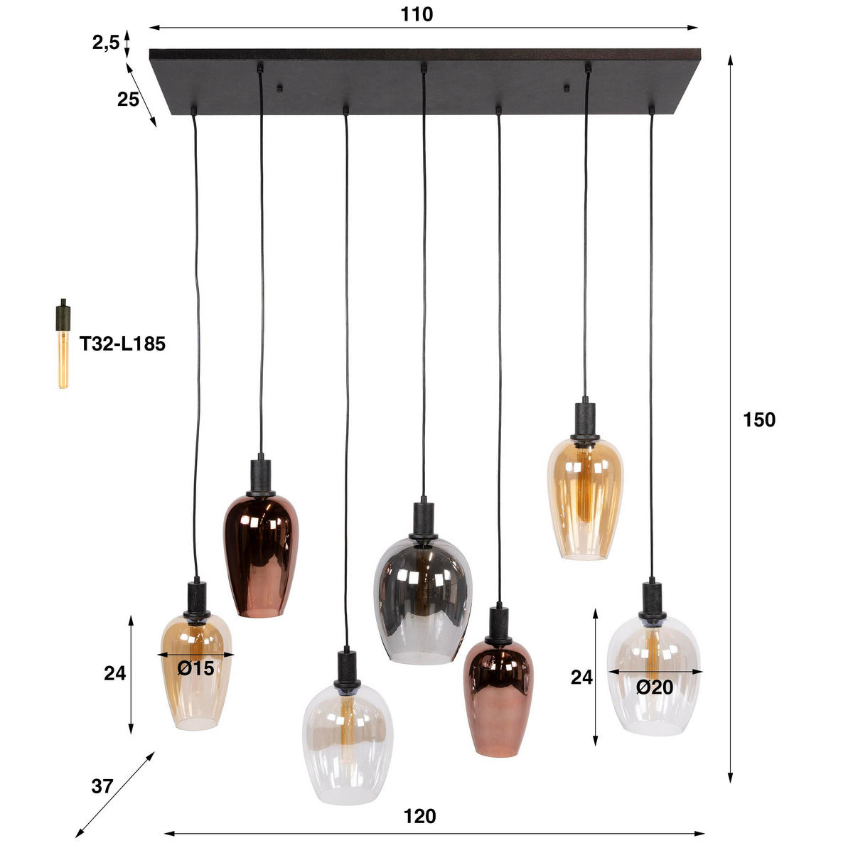HÄNGELEUCHTE Amfora Schwarz 37/120/150 cm - Schwarz, Glas (37/120/150cm) - Hoyz Collection