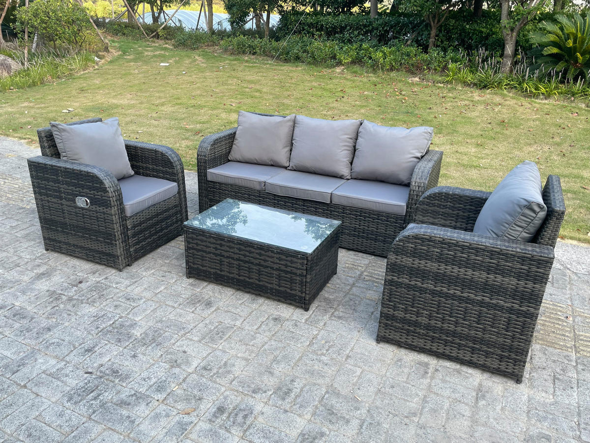 GARTENMÖBEL SET MIT LIEGESTUHL 3 SITZER SOFA Polyrattan 5-Sitzer - Dunkelgrau/Grau, Glas/Kunststoff - Fimous