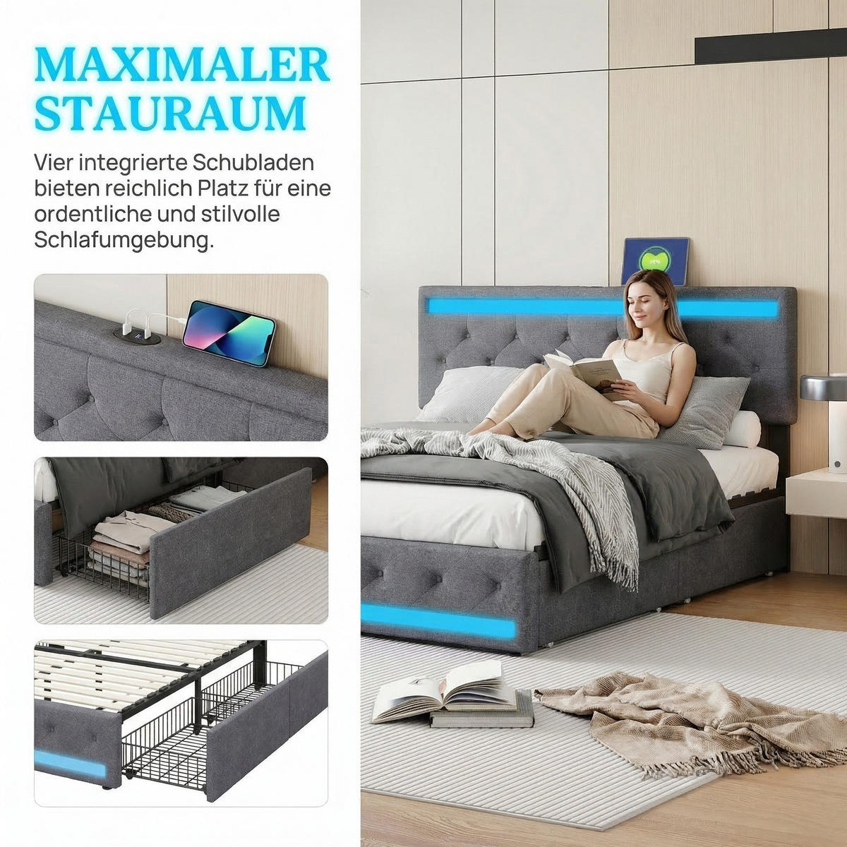 DOPPELBETT 180X200CM LEINEN GRAU LED 4 SCHUBLADEN - Grau, Holzwerkstoff - SHOPENTRA