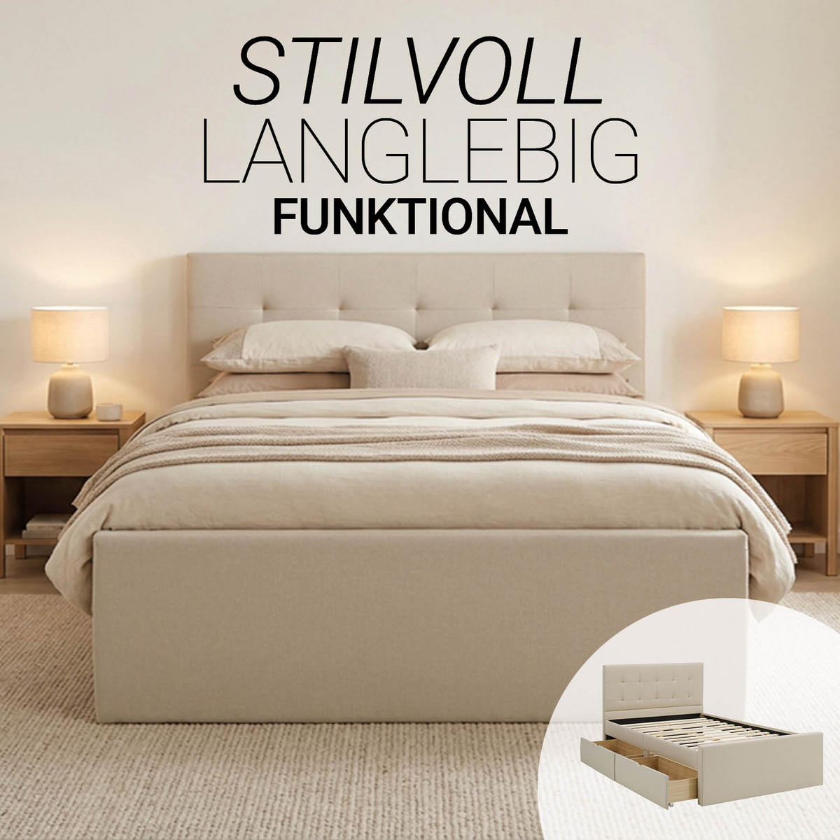 POLSTERBETT mit Stauraum 140/200 cm in Beige + Lattenrost - Anthrazit/Beige, Textil (140/200cm) - Homestyle4u