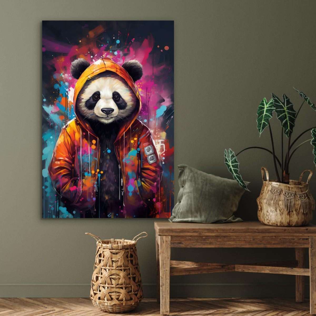 METALLBILD Panda - Jacke - Graffiti - Orange 60x90 cm - Orange, Metall (60/90cm) - MuchoWow