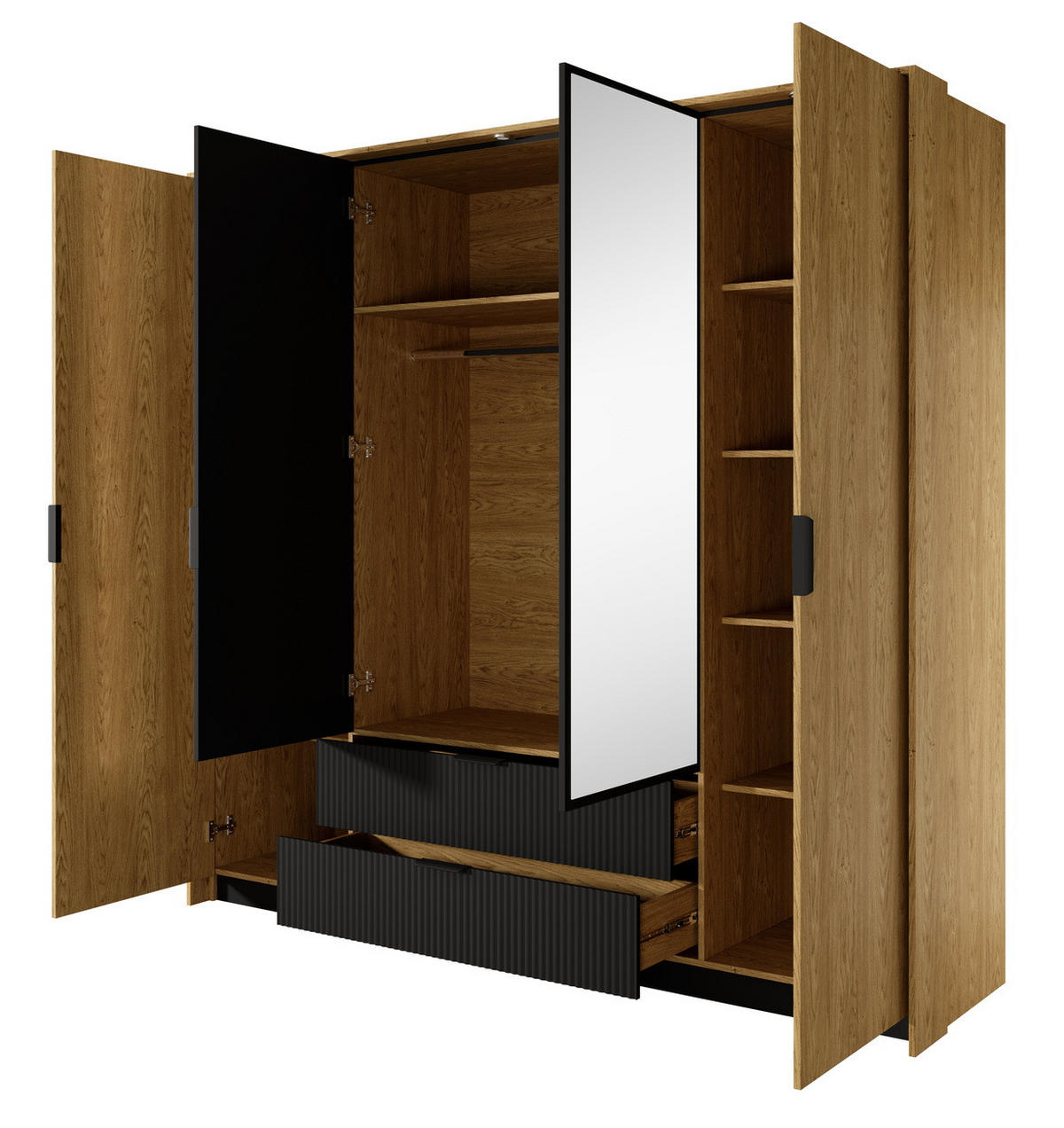 KLEIDERSCHRANK 225 cm mit Spiegel und LED Belano, 4 Türen, Eiche Baltic - Eichefarben, Holz (223/210/59cm) - Emporius