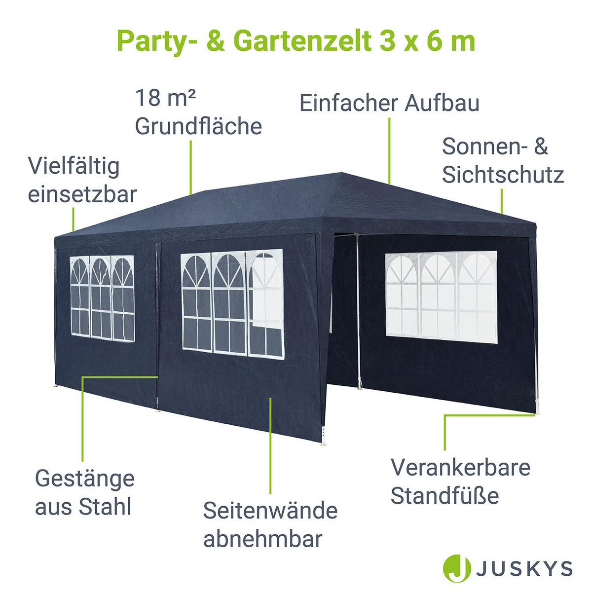 PARTYZELT Gartenzelt blau 3x6 m - Blau, Metall (300/250/600cm) - Juskys