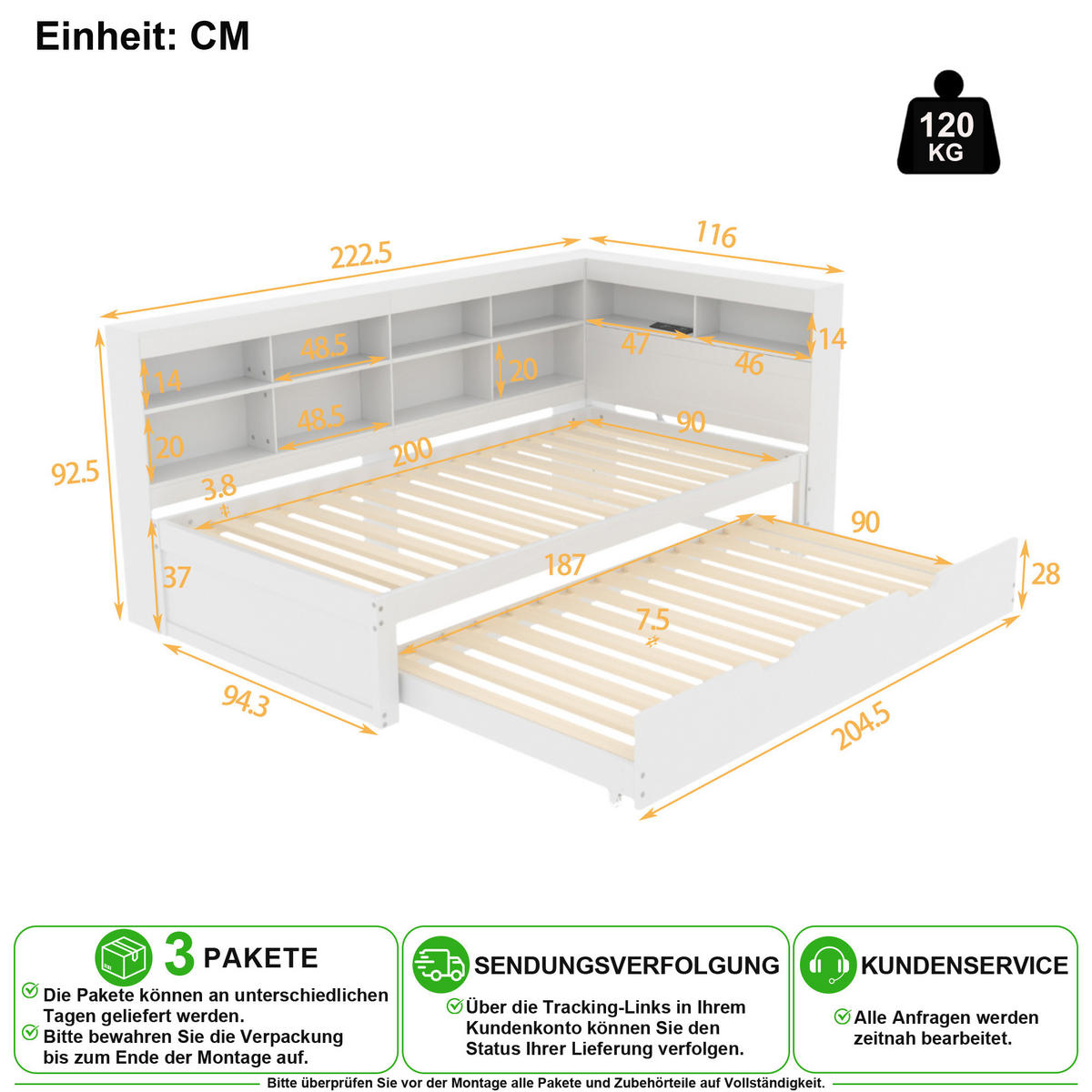 SCHLAFSOFA 90/200 cm & 90/190 cm in Weiß mit USB und Ablagefächern - Weiß, Holz/Holzwerkstoff (90/200cm) - CHICFURN