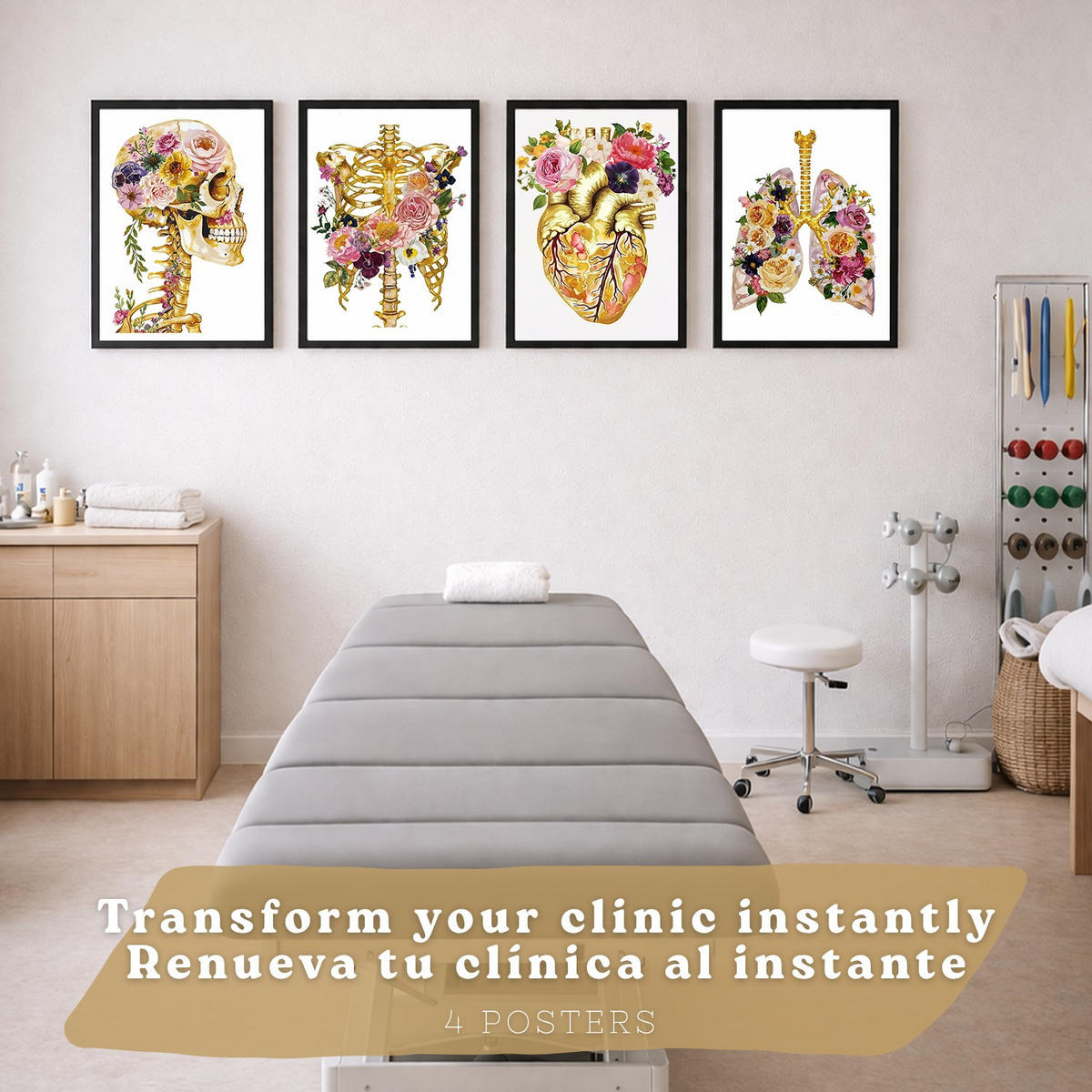 POSTER Set aus 4 Anatomie Mensch Drucke und Wandbilder mit Schädel Skelett Herz und Goldene Lungen Wanddekoration Größe Schwarzer Rahmen A4 - Schwarz, Papier (21/29.7/3cm) - Nacnic
