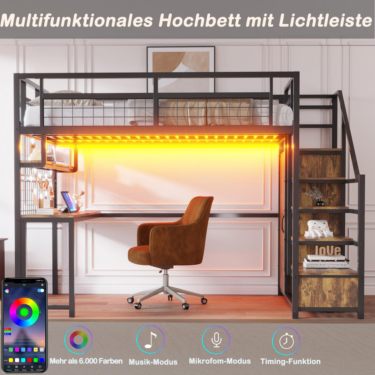 HOCHBETT 140/200 cm aus Metall und MDF mit Schreibtisch, Stauraumtreppe und Kleiderschrank Schwarz - Schwarz, Metall (140/200cm) - Modenvie
