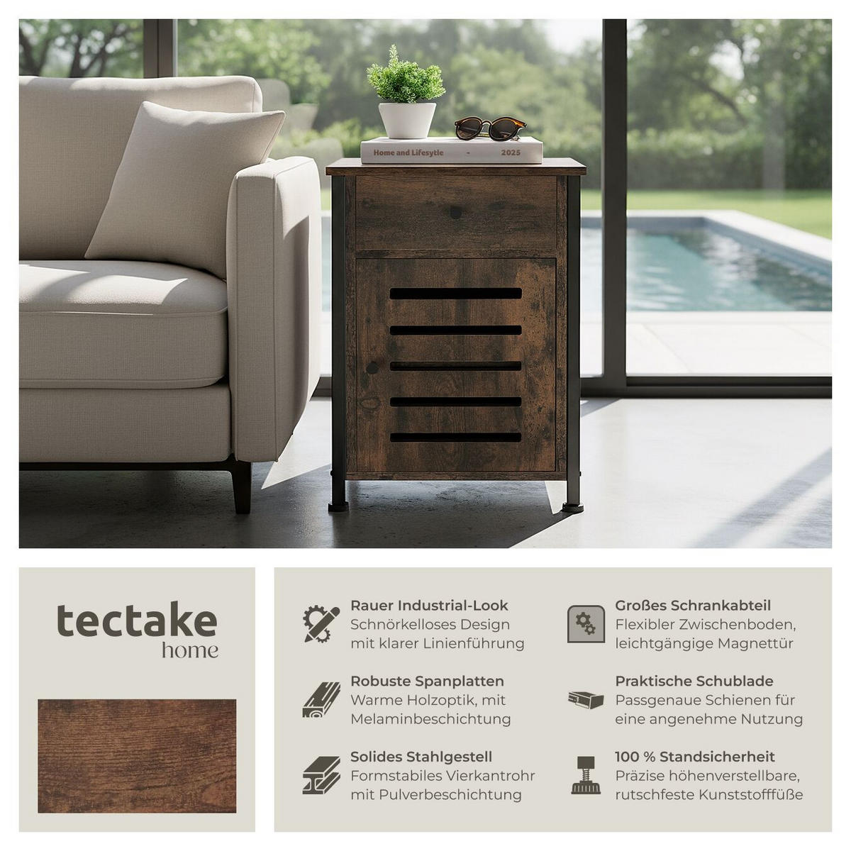 NACHTSCHRANK Waterford, 40 x 42 x 60,5 cm, Industrial Holz dunkel, rustikal - Rostfarben, Holzwerkstoff (40/60.5/42cm) - tectake