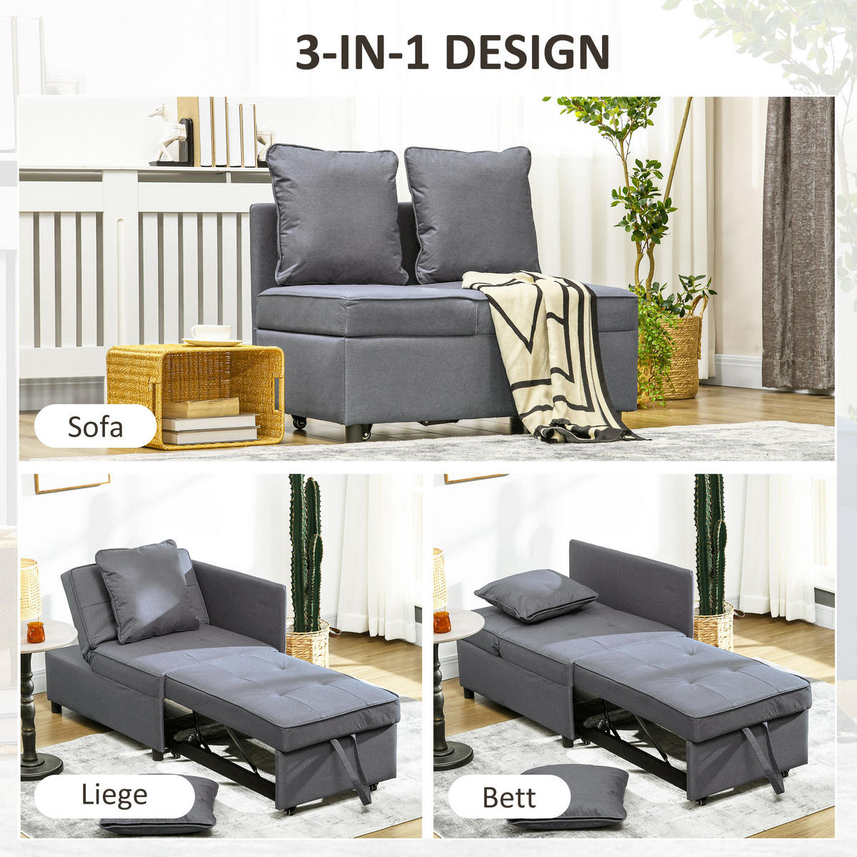 SCHLAFSESSEL 3-in-1 Ausziehbares 2 Sitzer Schlafsofa mit Bettfunktion Dunkelgrau - Dunkelgrau, Kunststoff (71/67/98cm) - HOMCOM