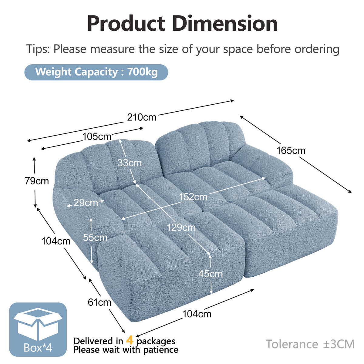 2-SITZER SOFA Granulierter Fleece Blau mit 2 Ottomans - Blau, Textil (210/79/165cm) - WISHDOR