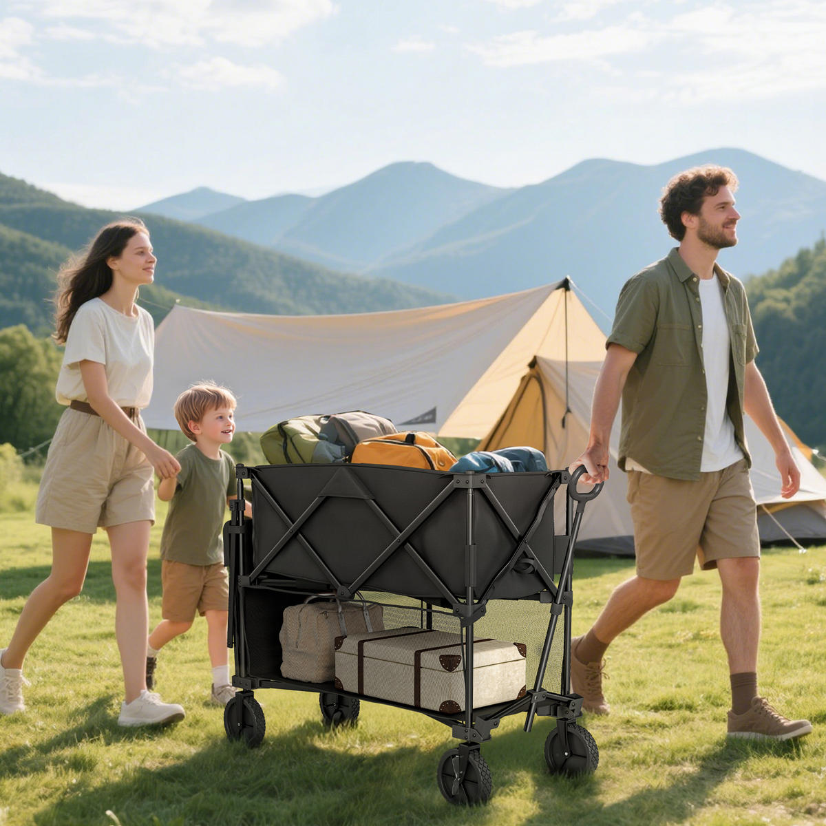 GARTENWAGEN DE-18767 2-stöckig, 350L & All-Terrain-Räder Schwarz - Schwarz, Metall (50/102/142cm) - ComfortXL