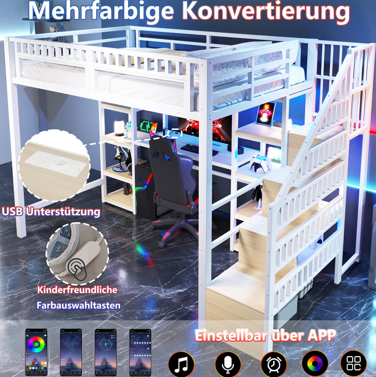 HOCHBETT 140/200 cm Weiß aus Metall mit Schreibtisch und Stauraum - Weiß, Metall (140/200cm) - OKMYHOME