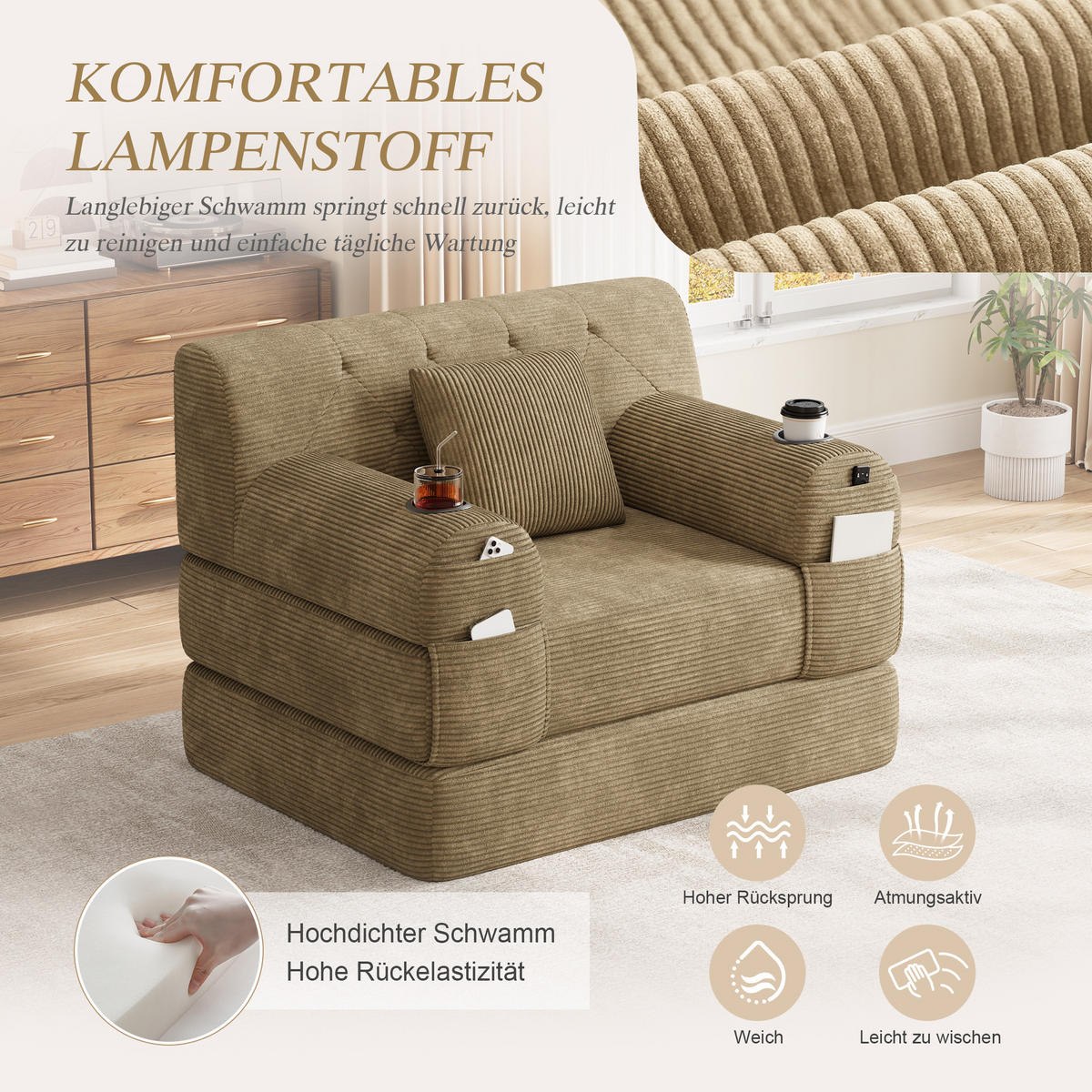 ROZKLÁDACÍ KŘESLO Khaki z manšestru s držáky nápojů - písková barva, textil (107/81/80cm) - Urban Meuble