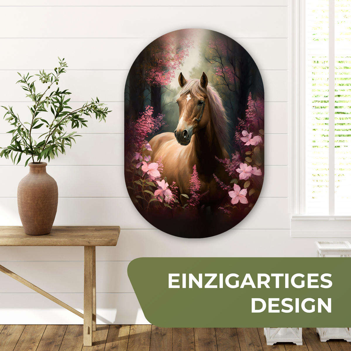 WANDBILD Pferd - Blumen - Rosa - Natur - Wald 60x90 cm - Altrosa, Kunststoff (60/90cm) - MuchoWow