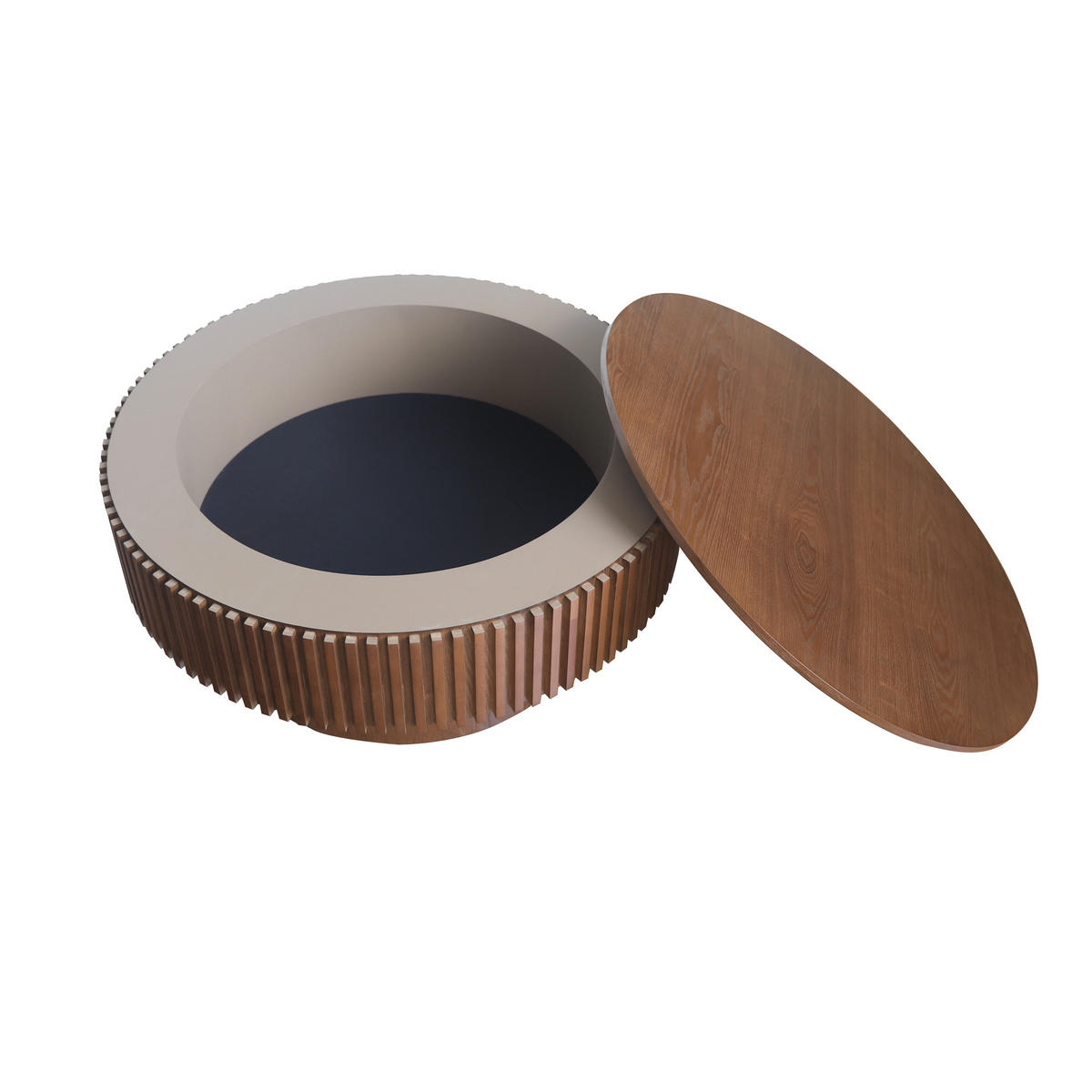 COUCHTISCH DE-37318 rund mit verstecktem Stauraum und Rillendesign Walnuss - Walnussfarben, Holzwerkstoff (75/75/35cm) - ComfortXL