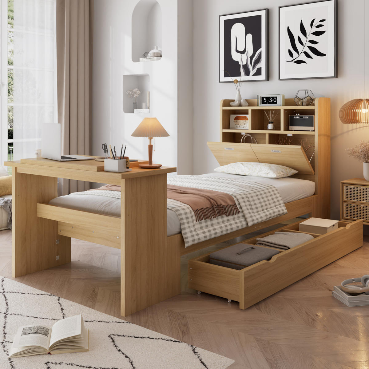 EINZELBETT 90/200 cm Natur mit Bettkasten und Klapptisch ohne Matratze - Naturfarben, Holz (90/200cm) - MIVRAY