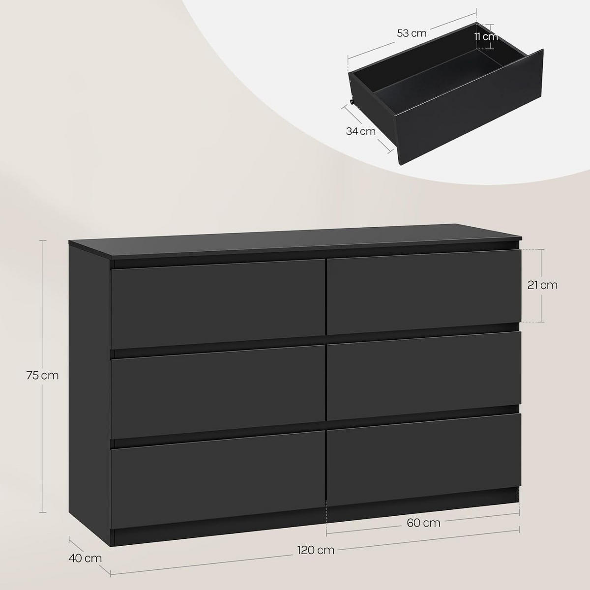 KOMMODE 6 Schubladen Holzwerkstoff 120/40/75 cm Schwarz - Schwarz, Holzwerkstoff (40/75/120cm) - Woltu