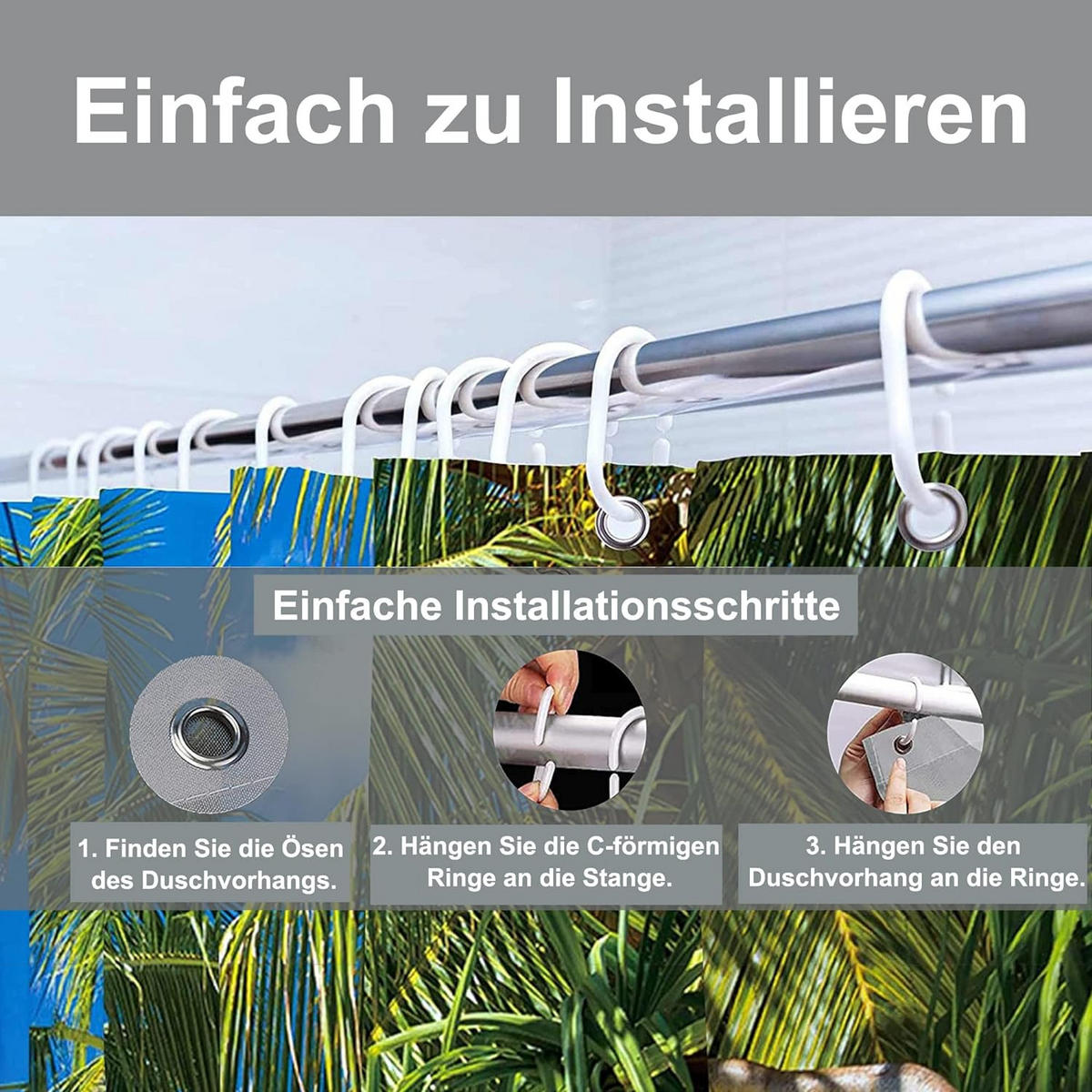DUSCHVORHANG Strand 3D wasserdicht 180 x 180 cm waschbar mit Ringen - Multicolor, Textil (180/180cm) - MCBOSON