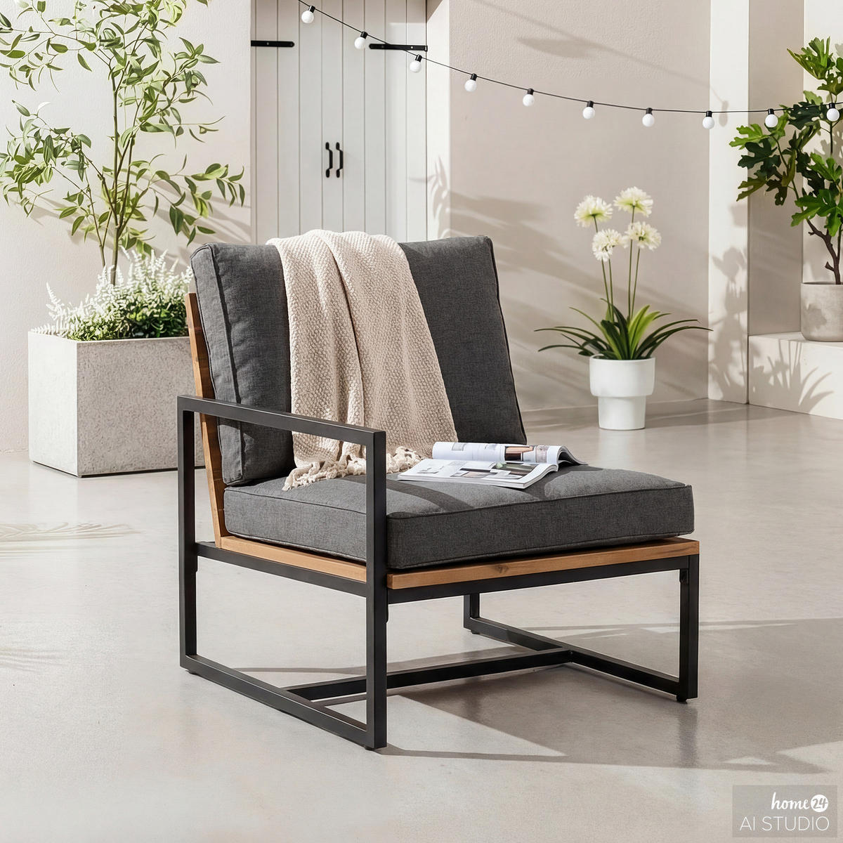 LOUNGEECKE - Polyester / Akazie massiv - Grau / Braun - Braun/Grau, Holz/Textil (68/79/74cm) - home24