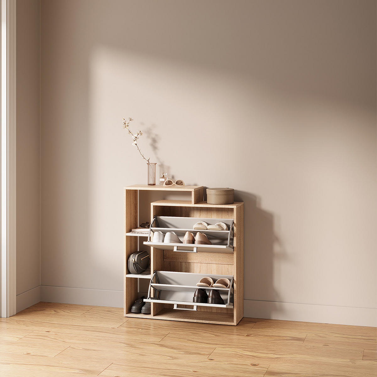 SCHUHKIPPER Ortello Weiß/Sonoma 24.5 x 90 cm - Weiß/Sonoma Eiche, Holzwerkstoff (24.5/90/80cm) - Livinity®