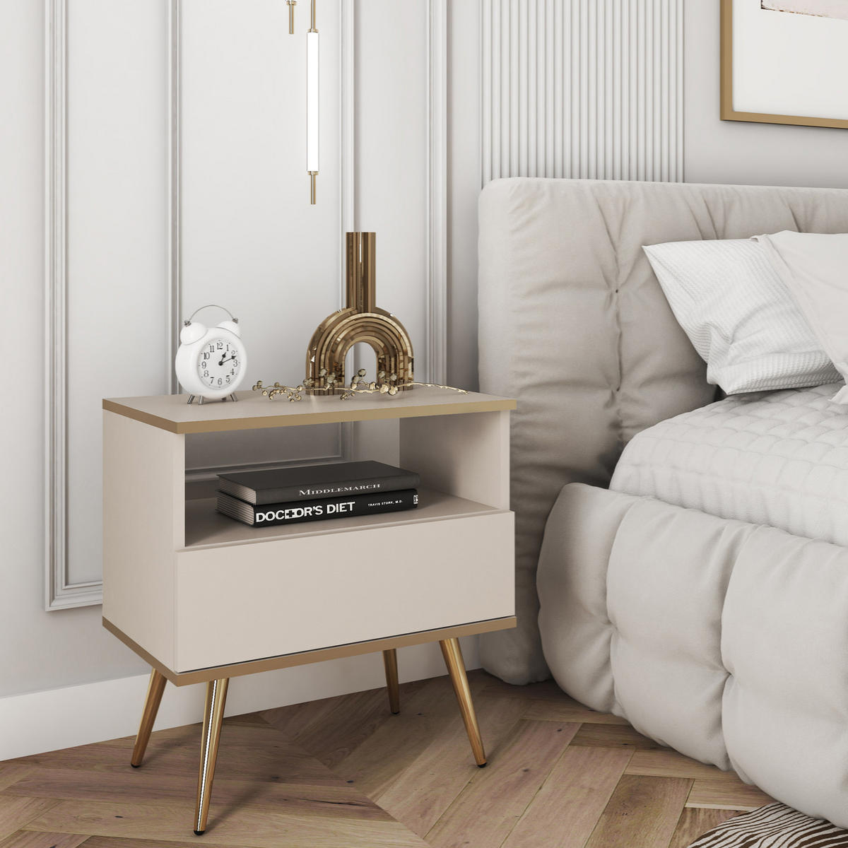 NACHTTISCH FORNO (Beige, Goldene Details, 1 Schublade, offenes Fach, goldene Metallfüße) - Gelb/Beige, Holz/Holzwerkstoff (54/59/39cm) - Ravio