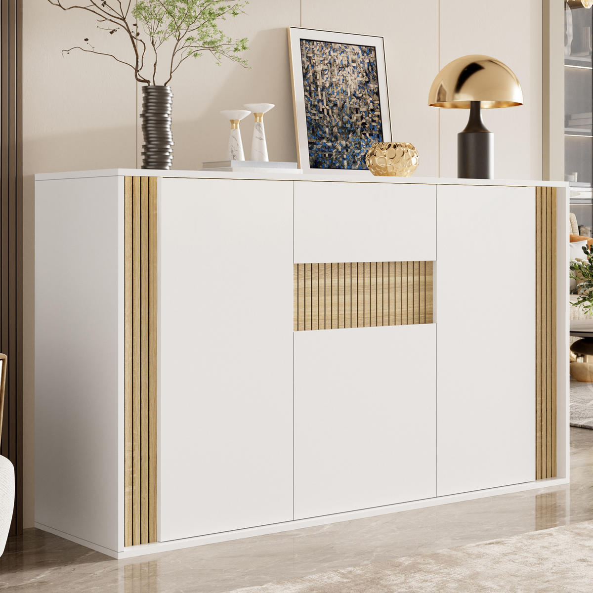 SIDEBOARD 140x40x82cm Weiß mit LED und 3 Türen - Weiß/Naturfarben, Holzwerkstoff (140/82/40cm) - FLIEKS