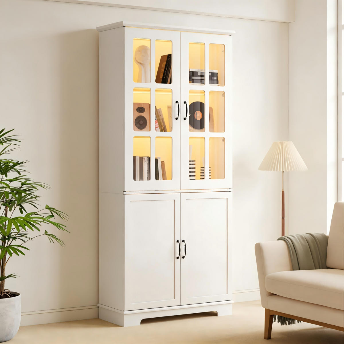 VITRINENSCHRANK 80 x 38 x 180 cm Weiß mit 4 Türen Landhausstil - Weiß, Holzwerkstoff (38/180/80cm) - Beauniv