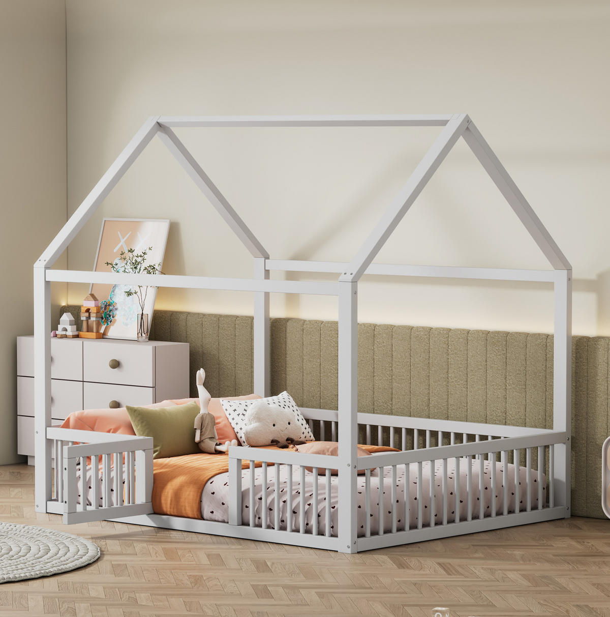 KINDERBETT 140/200 cm im Hausdesign mit Sicherheitsgitter und Tür, Weiß - Weiß, Holzwerkstoff (140/200cm) - Redom