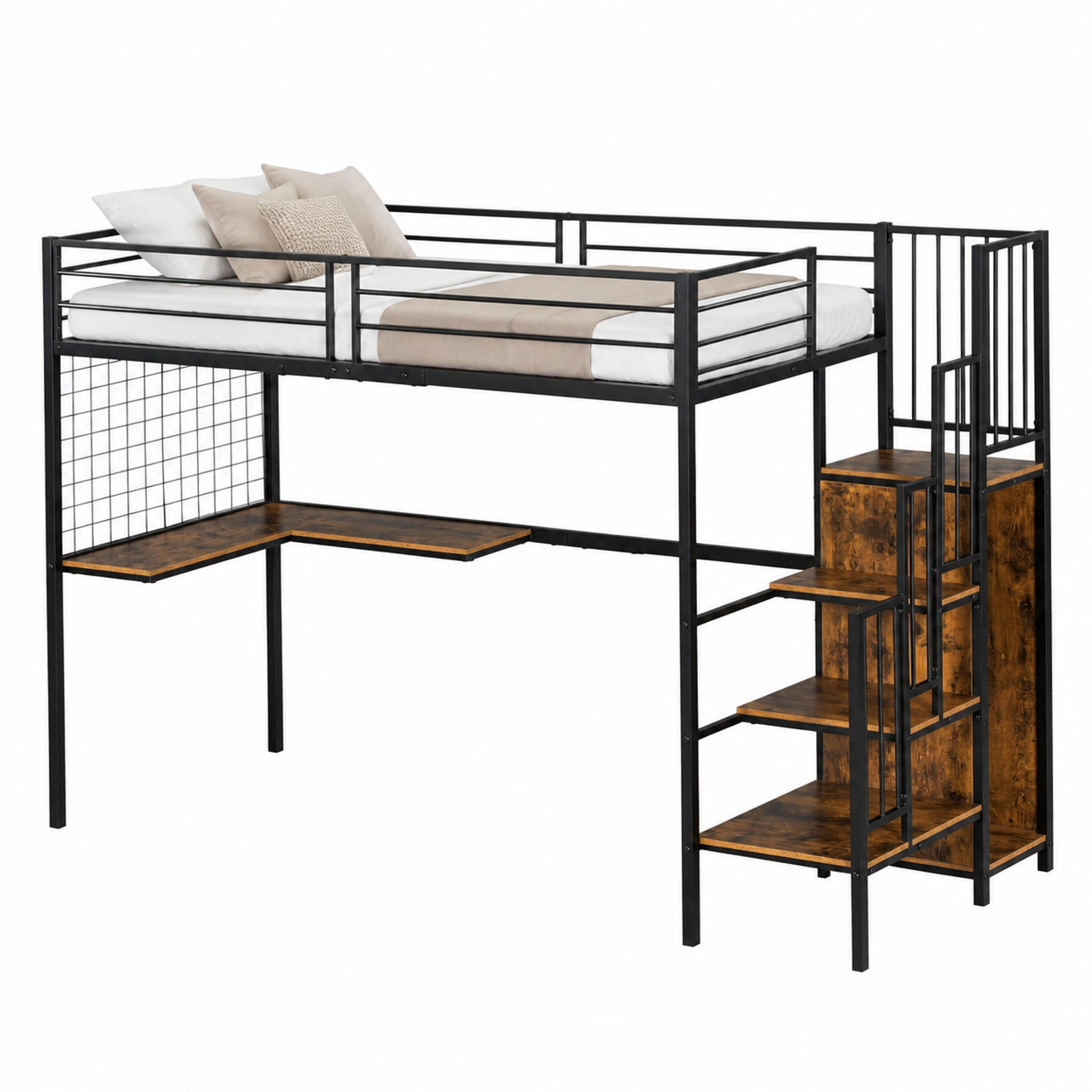 HOCHBETT mit Kleiderschrank und Tisch 90x200 cm Metall Holzwerkstoff Schwarz - Schwarz, Metall (90/200cm) - Meubliv