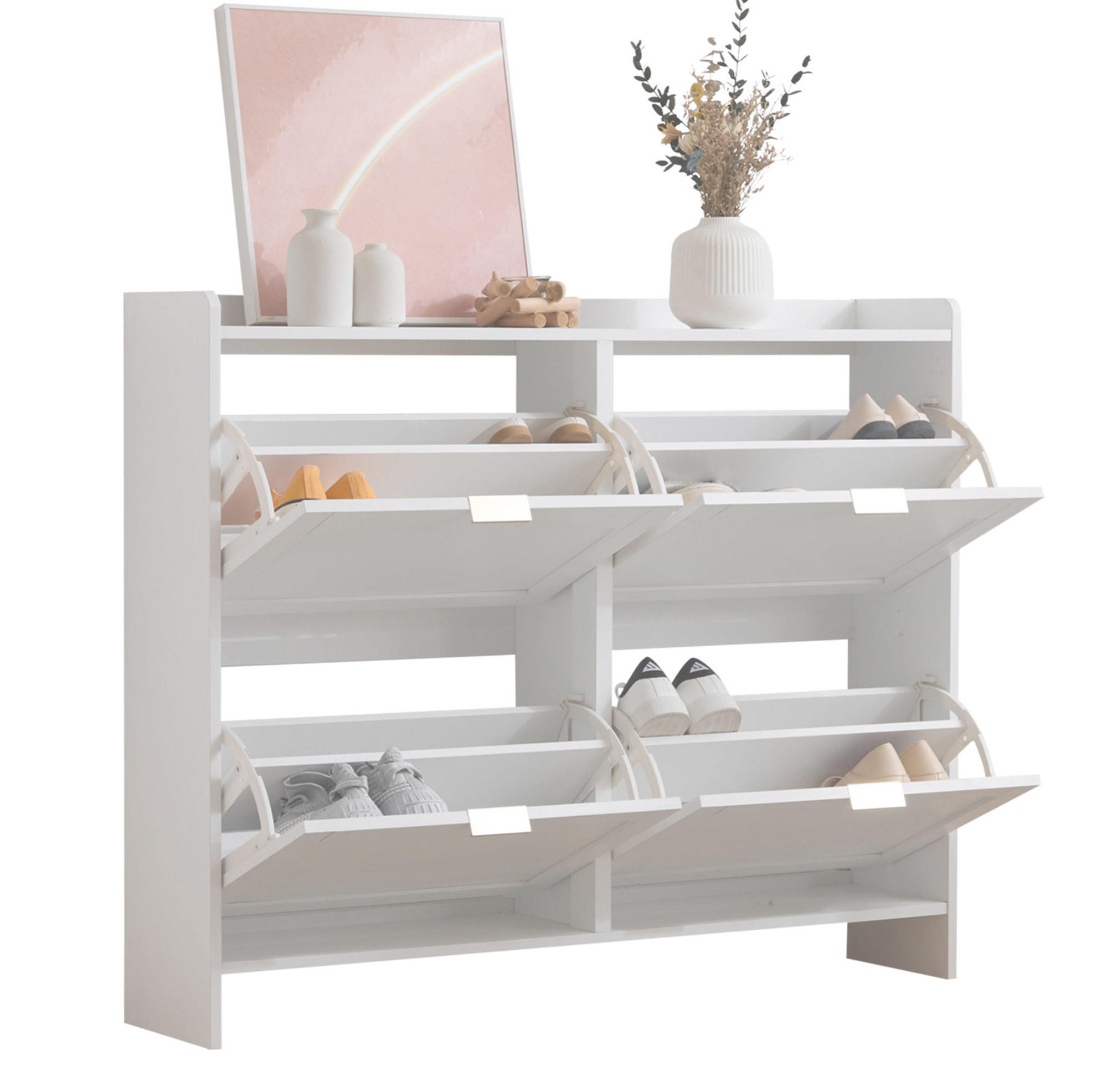 SCHUHSCHRANK mit 4 Klappen 110/24/90 cm in Weiß, platzsparendes Design - Weiß, Holzwerkstoff (110/90/24cm) - BEAOK