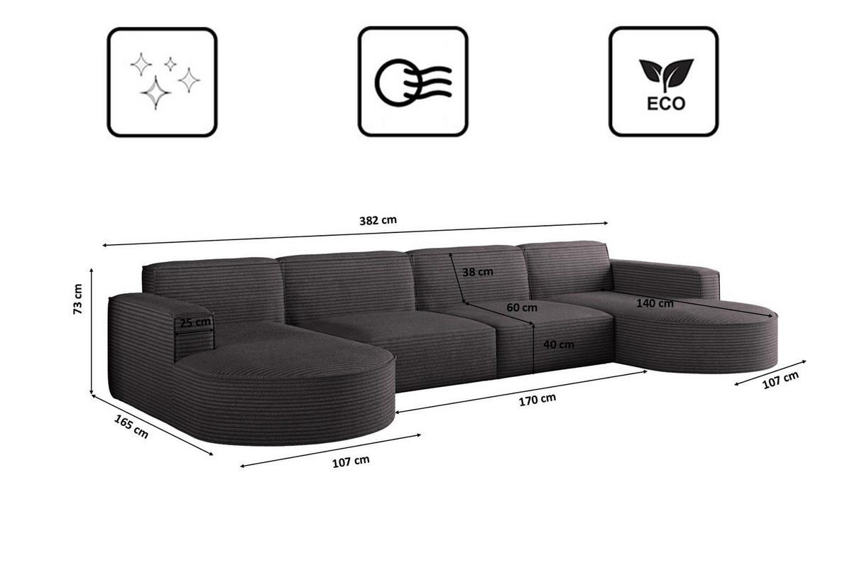 ECKSOFA U-Form XL Designer MODENA stoff Dicker Cord Poso Dunkelgrau - Dunkelgrau, Holz (165/382cm) - Kaiser Möbel