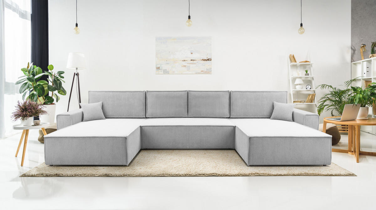 WOHNLANDSCHAFT Cedria Hellgrau 389/145/85 cm mit Schlaffunktion - Hellgrau/Schwarz, Kunststoff/Textil (389/85/145cm) - AX Living
