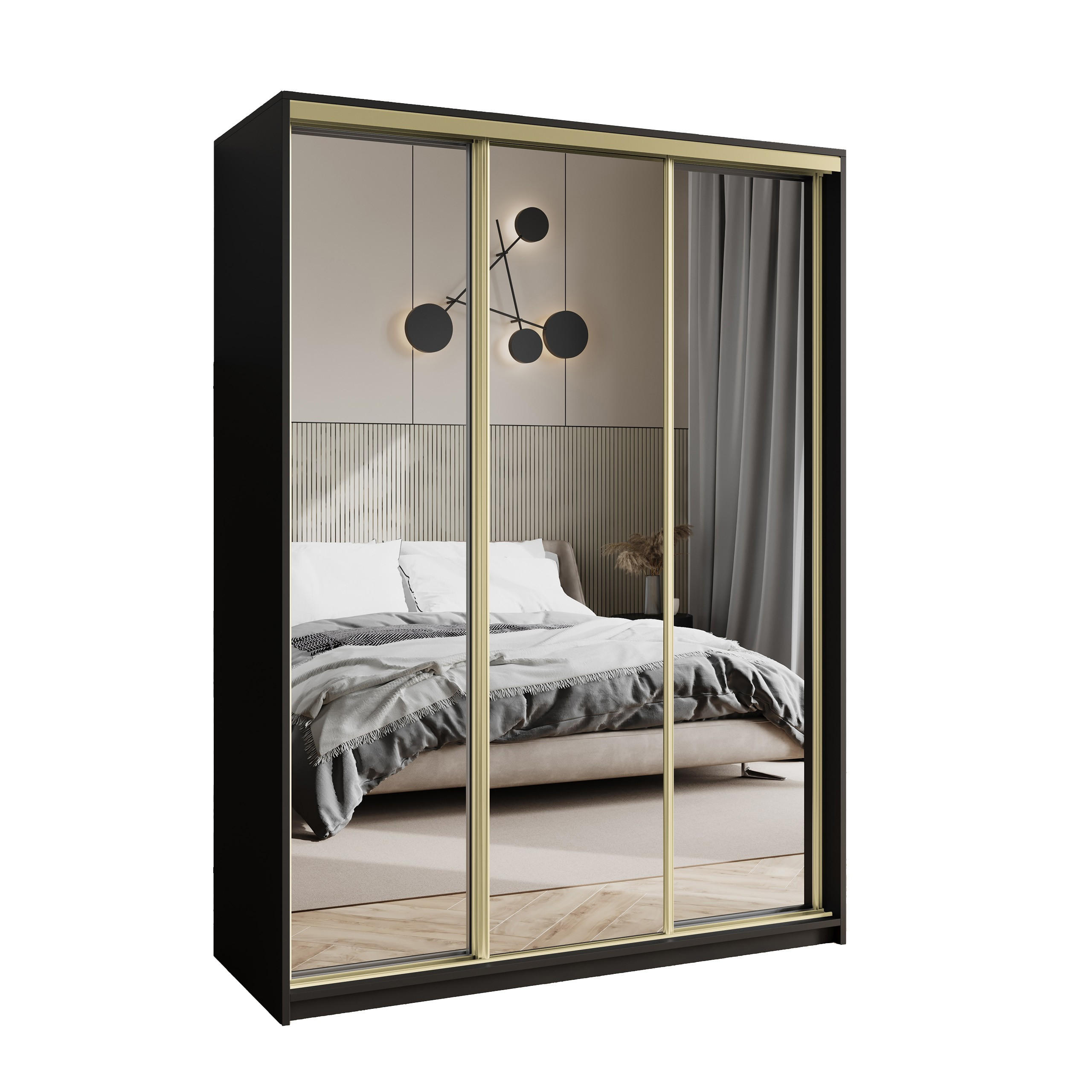 SCHWEBETÜRENSCHRANK RIEN 150/205/60 cm 3-türig mit Spiegel Schwarz - Schwarz, Holzwerkstoff (150/205/60cm) - MASSENO